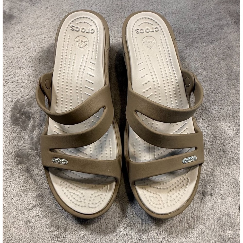 Crocs Patricia Wedge Women's 10 Tan Strap Sandals Slides, Preowned